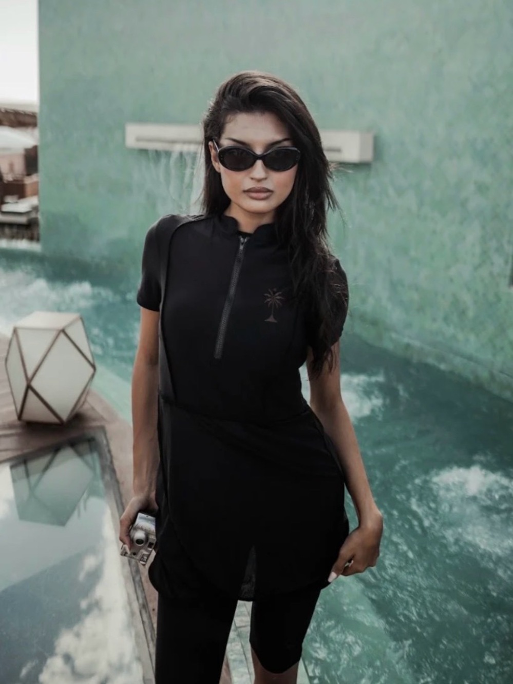 Women's Black Short-Sleeve Swim Coverup Tunic with Front Zip